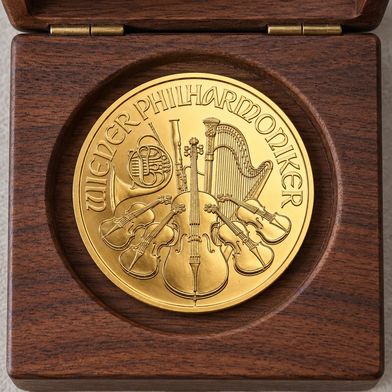 A complete brilliant modern one-ounce Austrian Gold Philharmonic coin in a fitted walnut tray