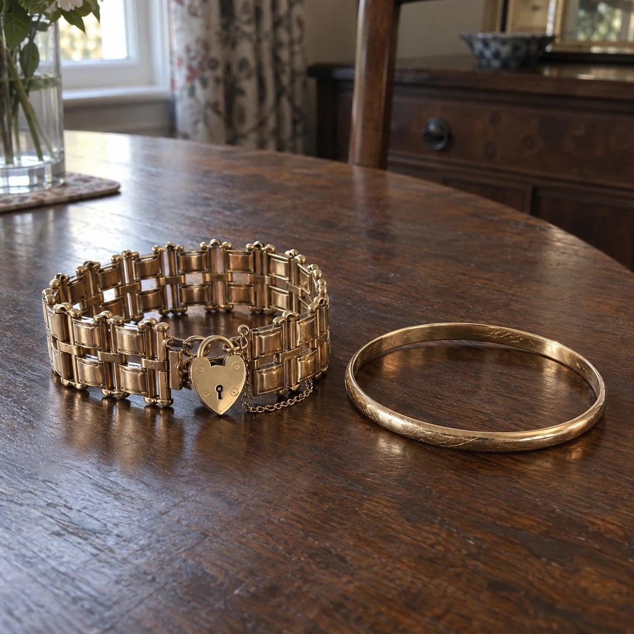 A vintage gold gate bracelet and scratched gold bangle on a dining table