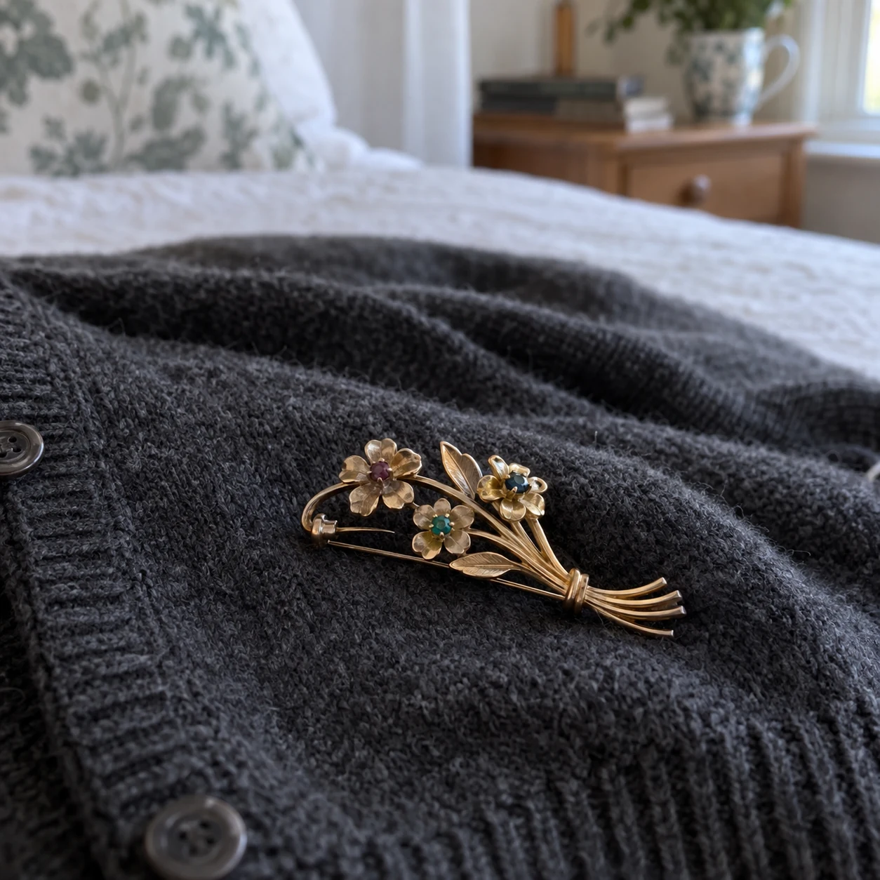A vintage gold floral brooch resting on a wool cardigan
