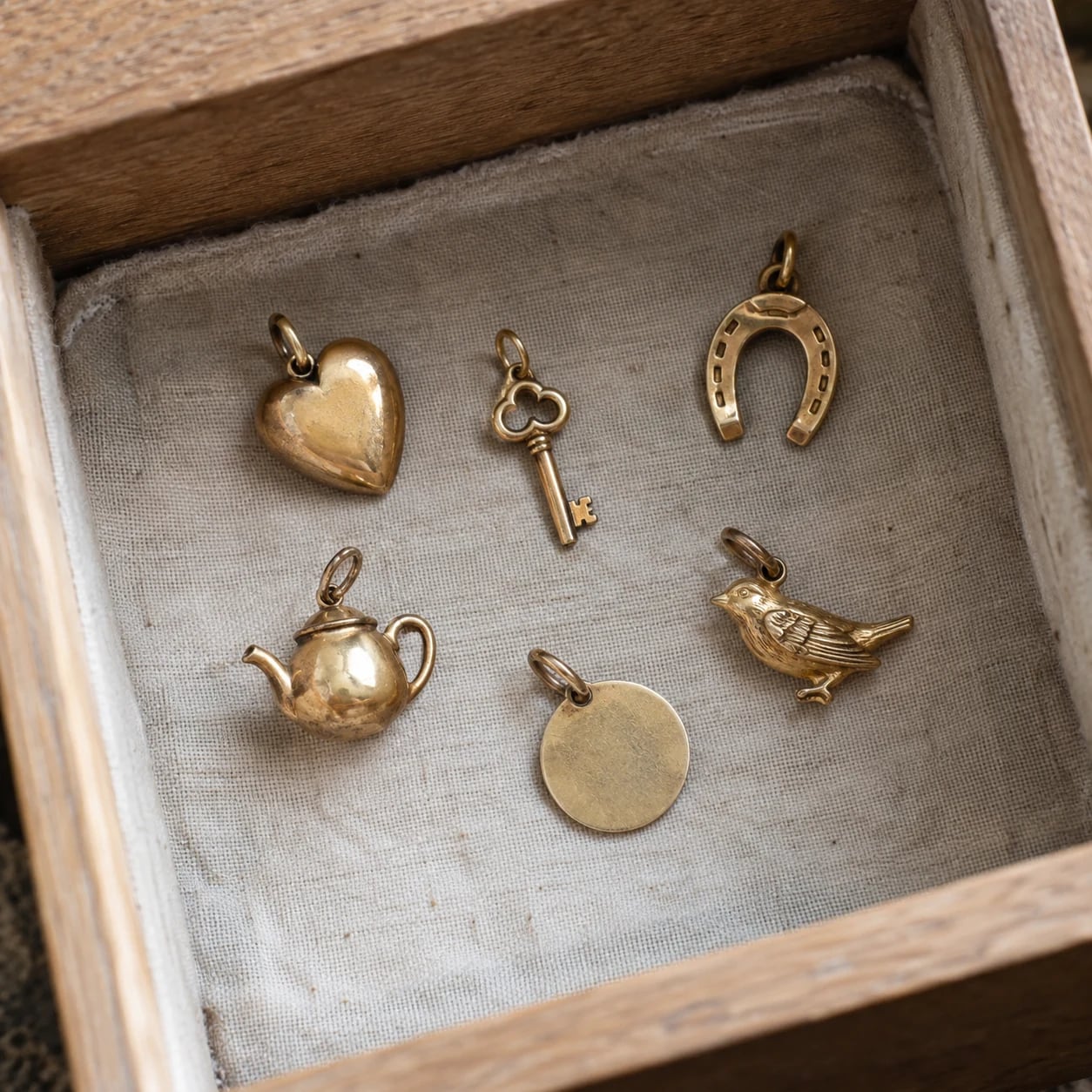 Six different vintage gold charms in a lined wooden drawer