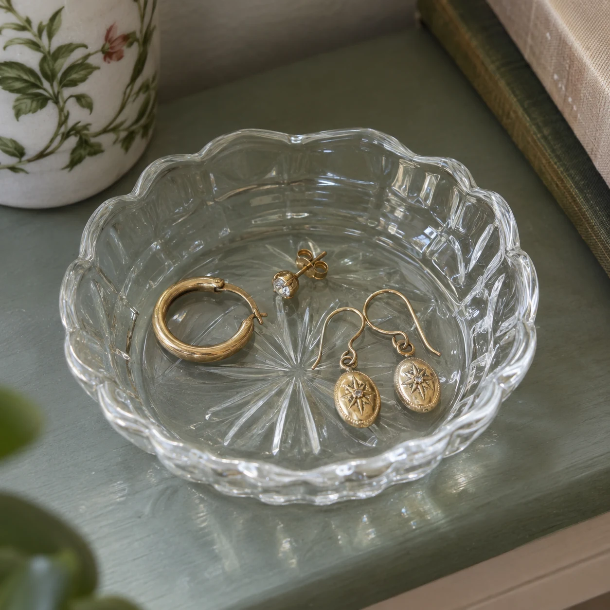 A gold hoop, single stud and pair of drop earrings in a glass dish