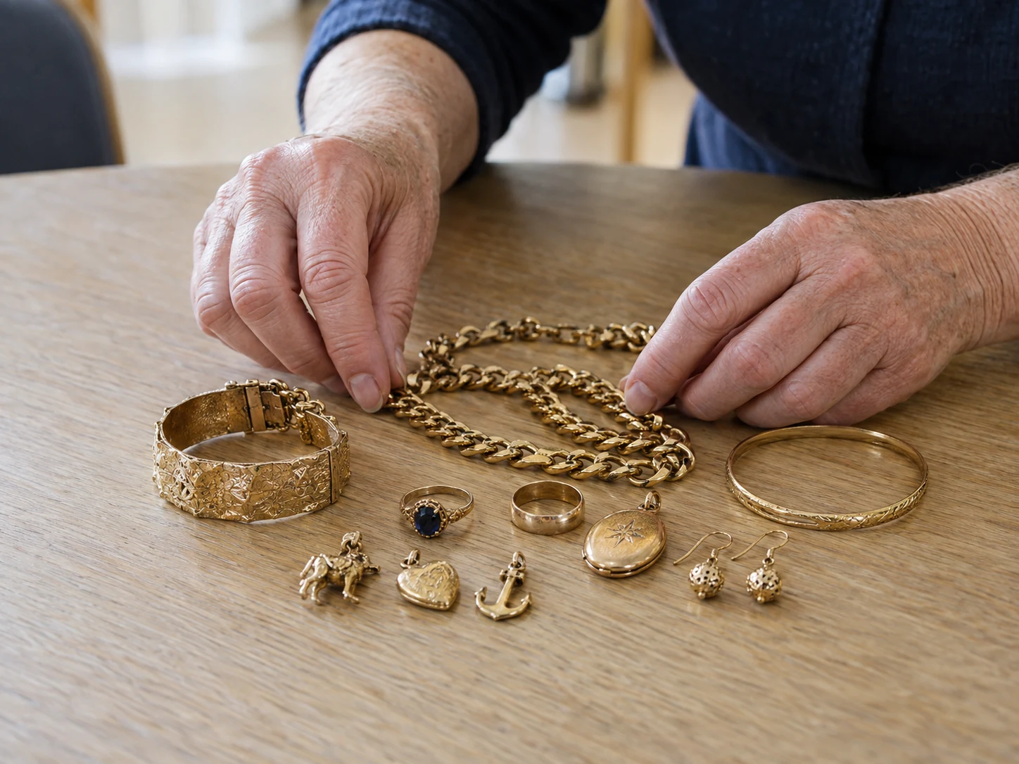 A customer's hands arranging a substantial mixed gold jewellery collection