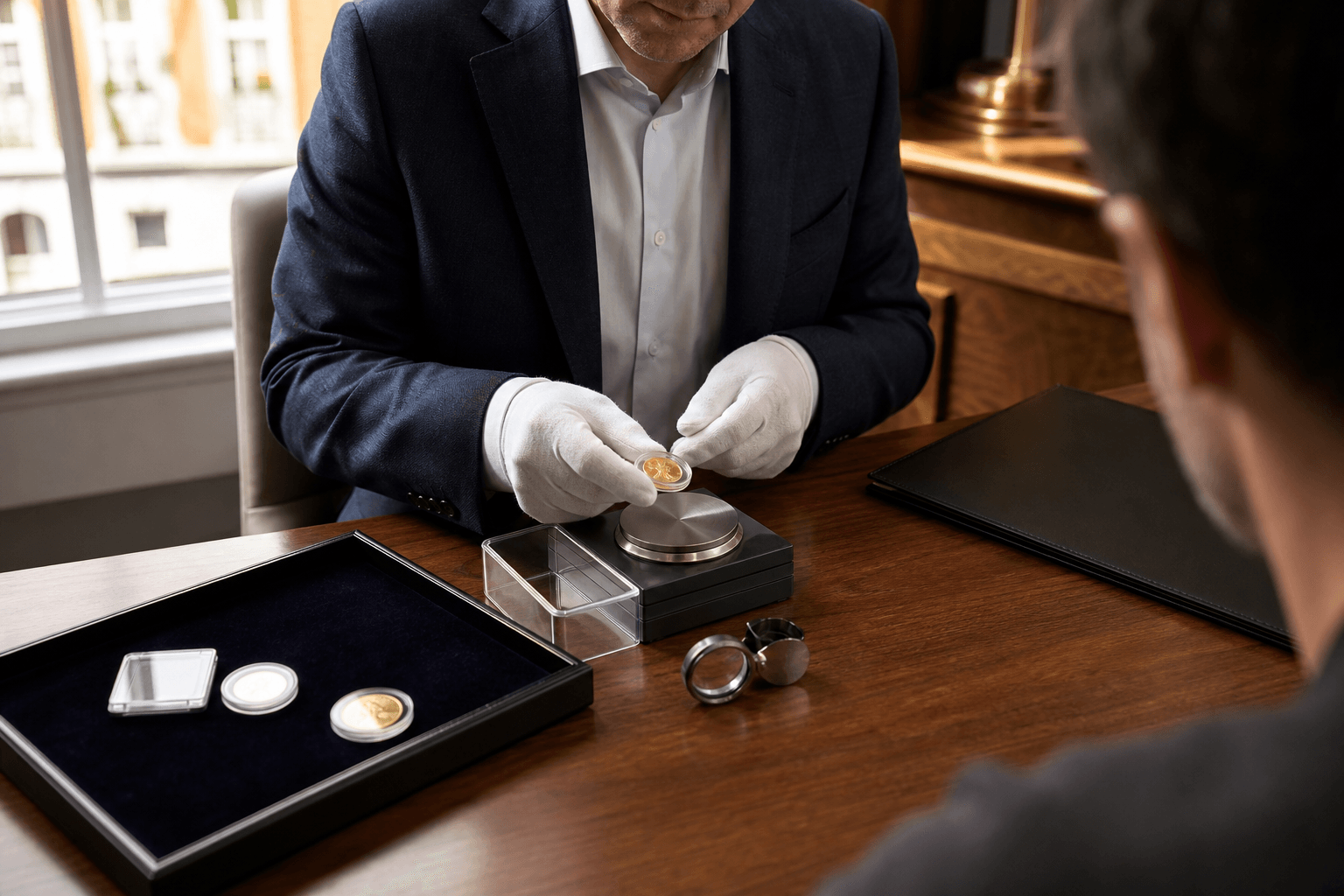 A specialist weighing a gold coin during a private verification appointment
