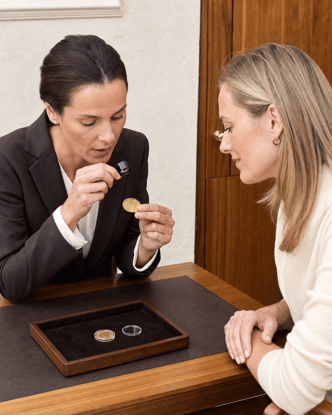 A precious-metals specialist inspecting a gold coin with a customer