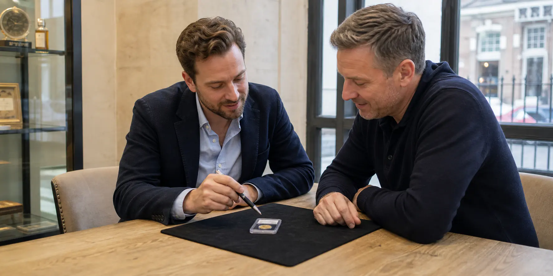 A coin adviser and customer reviewing a graded gold coin together