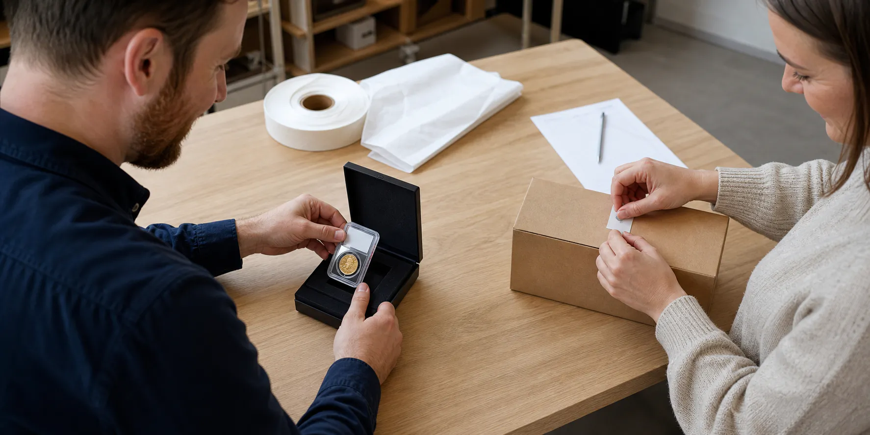 Two coin specialists preparing a graded gold coin for insured delivery