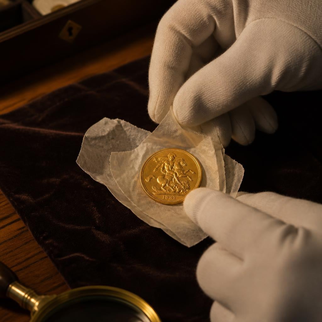 A specialist handling an 1887 British Gold Sovereign with white cotton gloves