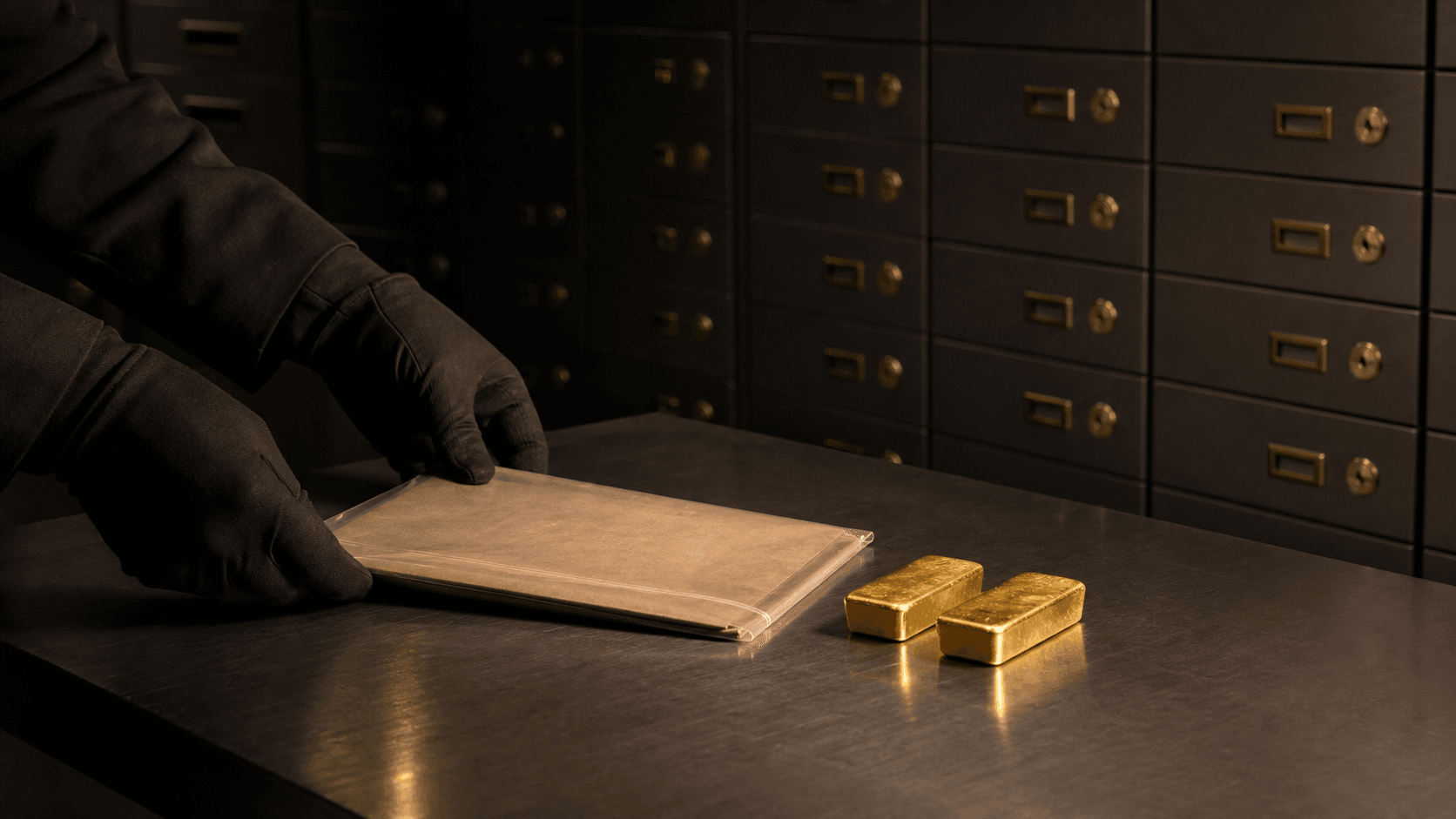 Gloved hands placing bullion records in a secure vault