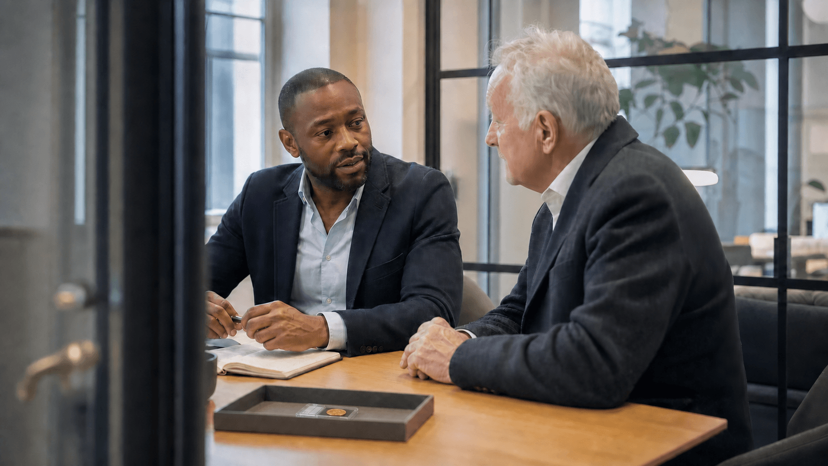 An adviser and customer discussing a valuation beside a graded gold coin in a presentation box