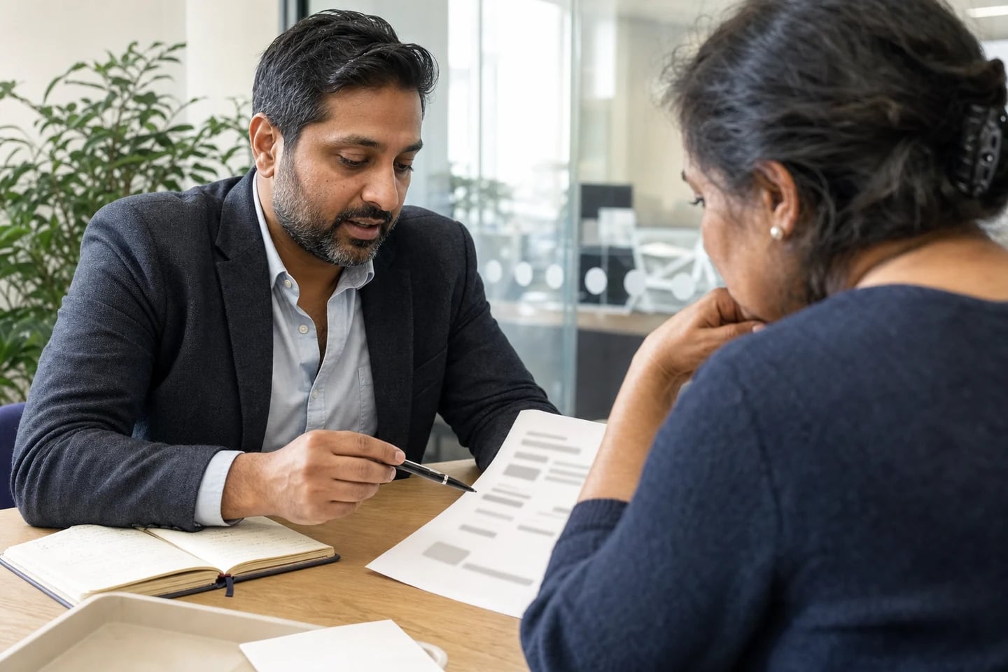 An adviser explaining a redacted valuation document to a customer