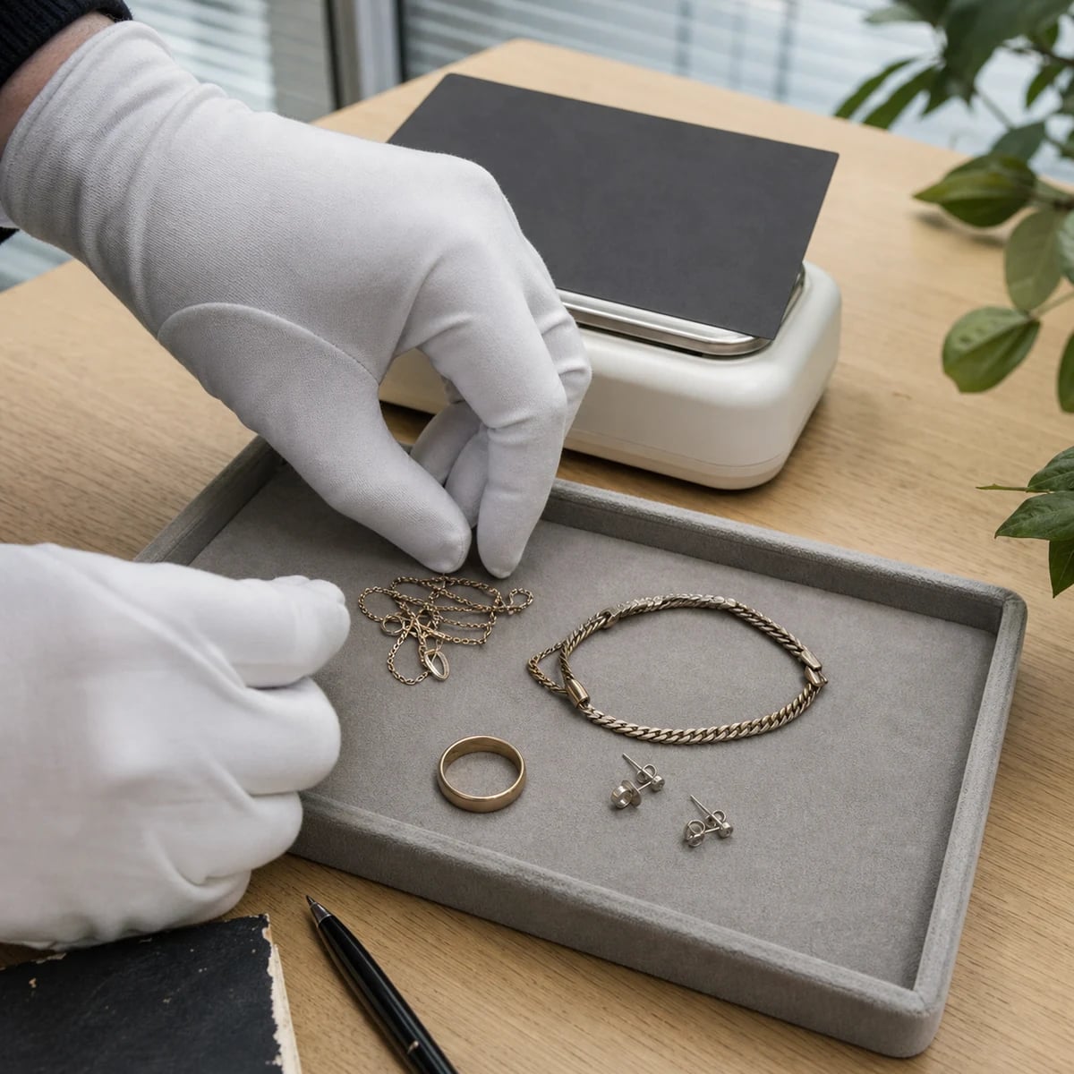 Gloved hands arranging jewellery beside a scale with its display obscured