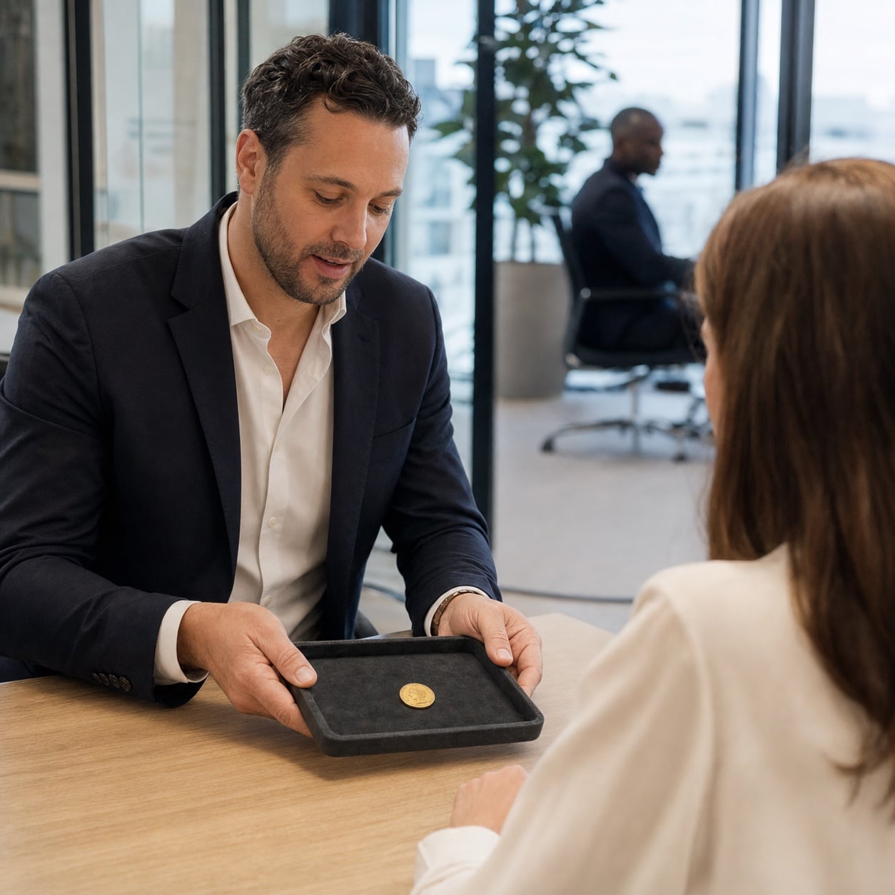 A Bullion House specialist presenting a gold coin on a tray during a private consultation