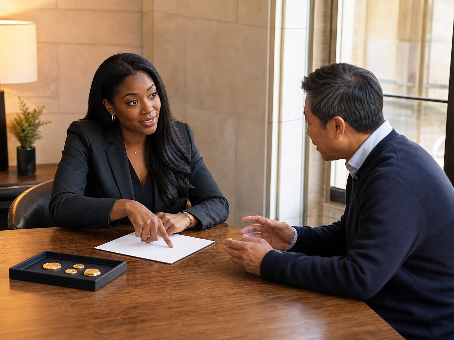 A precious-metals adviser discussing a price summary with a customer beside a tray of gold coins