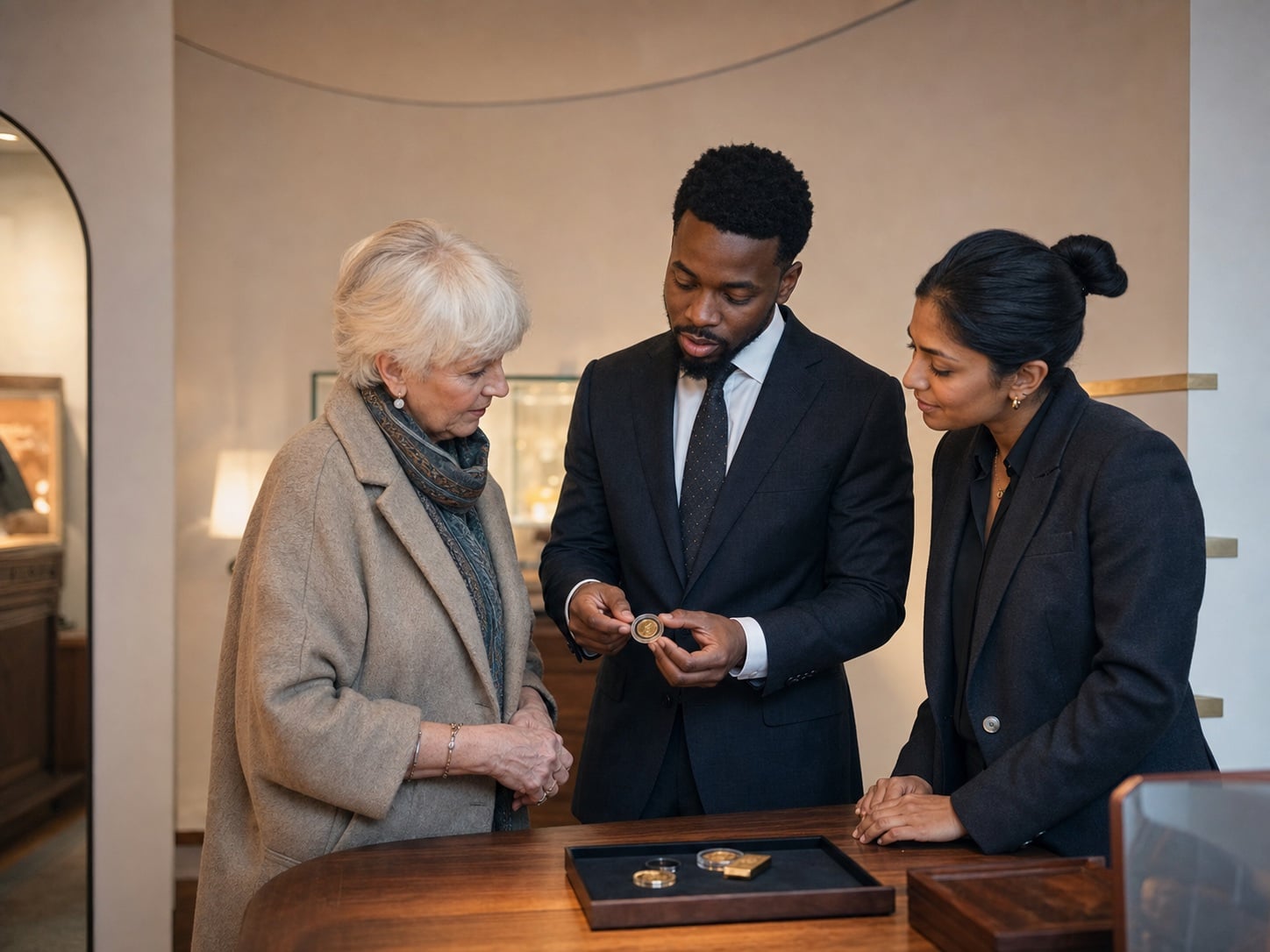 A private showroom conversation around a gold coin and a presentation tray